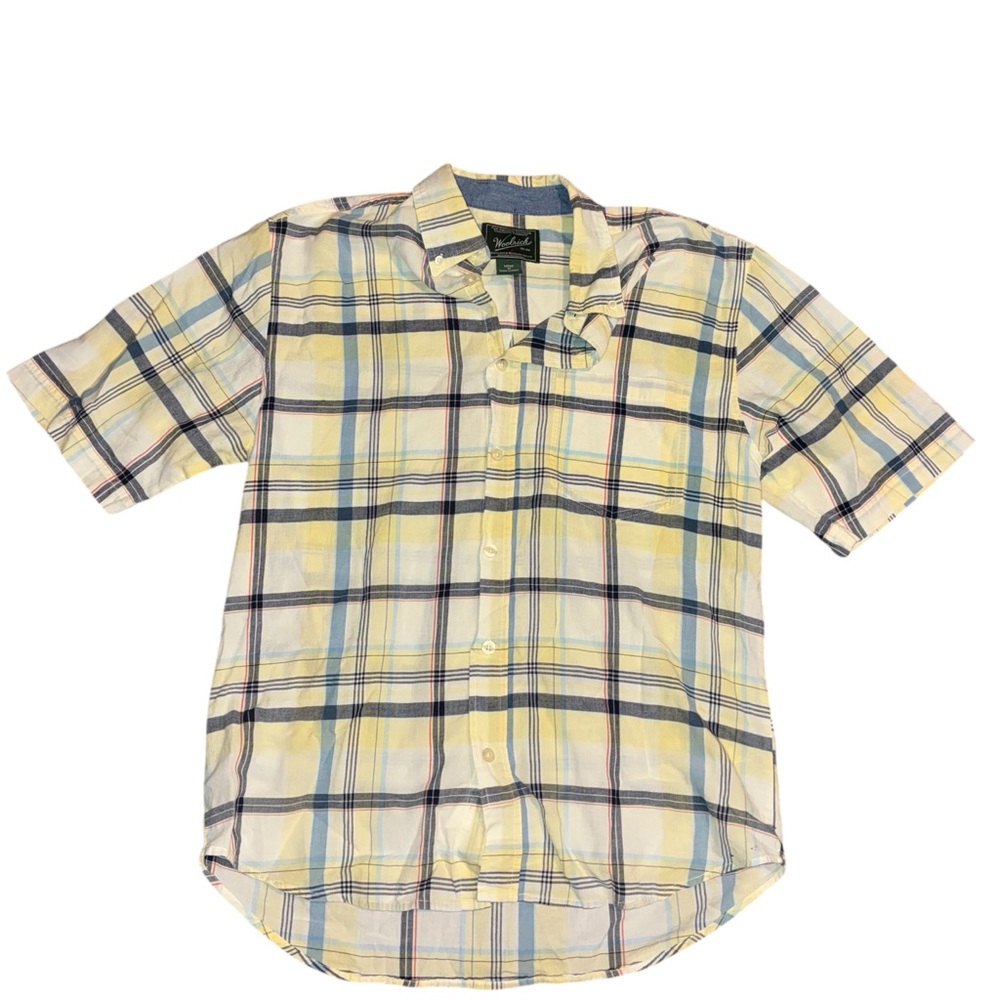 Men’s Woolrich Yellow and Blue Plaid Button Down Shirt Size Medium